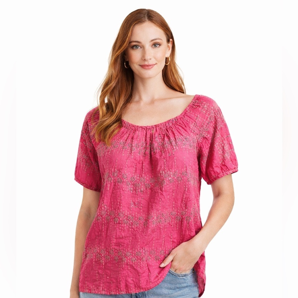 💗 J. Crew Hot Pink Eyelet Blouse XS Boho Festival Party Summer Capsule Wardrobe